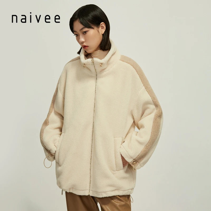 
naivee Casual Sports Series fleece wool coat jacket hooded for women ladies thick loose 
