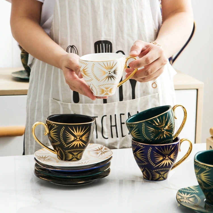 Royal Arabic Ceramic Coffee Cup and Saucer Black Color Tea Cups and Saucers Sets Porcelain Cups Gold Rim