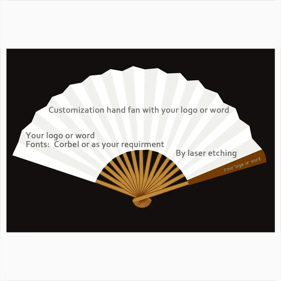 Ручной вентилятор с логотипом или именем, с помощью лазерного травления, бамбуковый каркас, рисовая бумага для китайского искусства, Свадебный рекламный вентилятор, Подарочный вентилятор