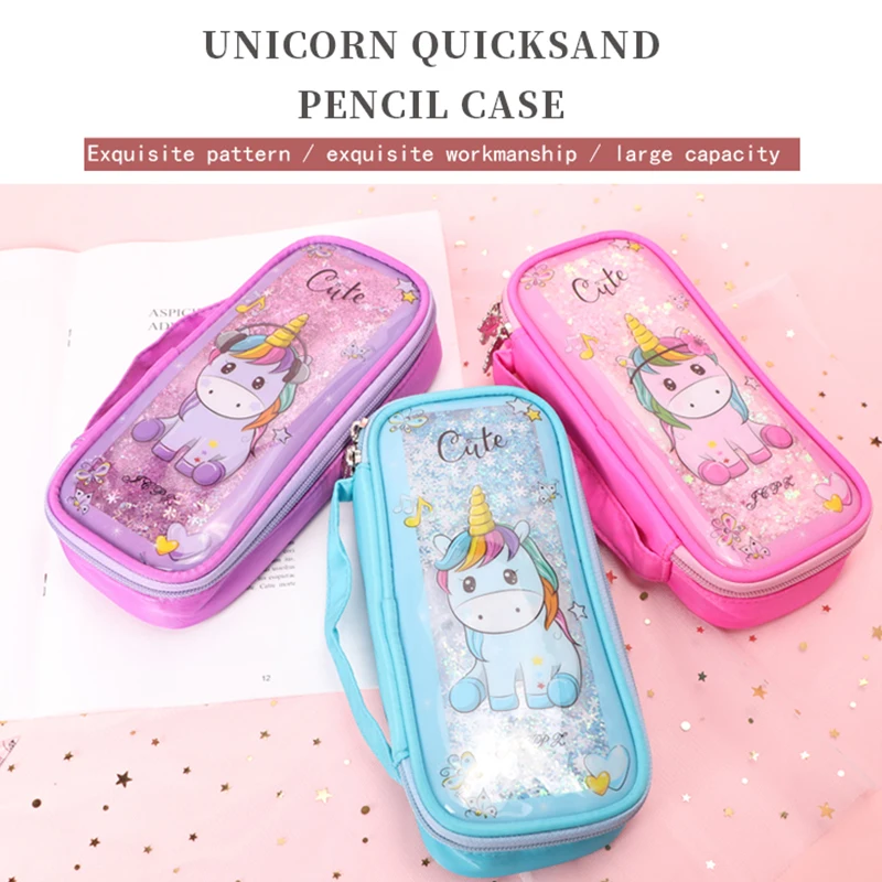 TOPSTHINK Big capacity zipper unicorn liquid fabric portable multi zipper pencil case for kids