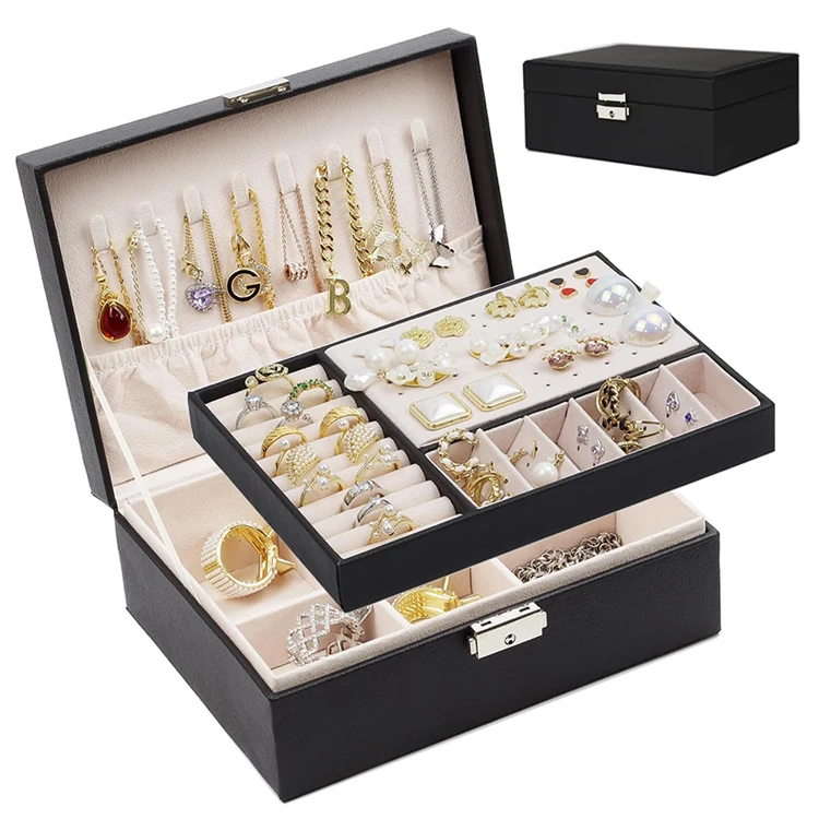 Velvet Jewelry Organizer Box 2 Layer Pu Leather Jewellery Storage Case with Lock Earring Holder Ring Tray for Necklace Bracelet