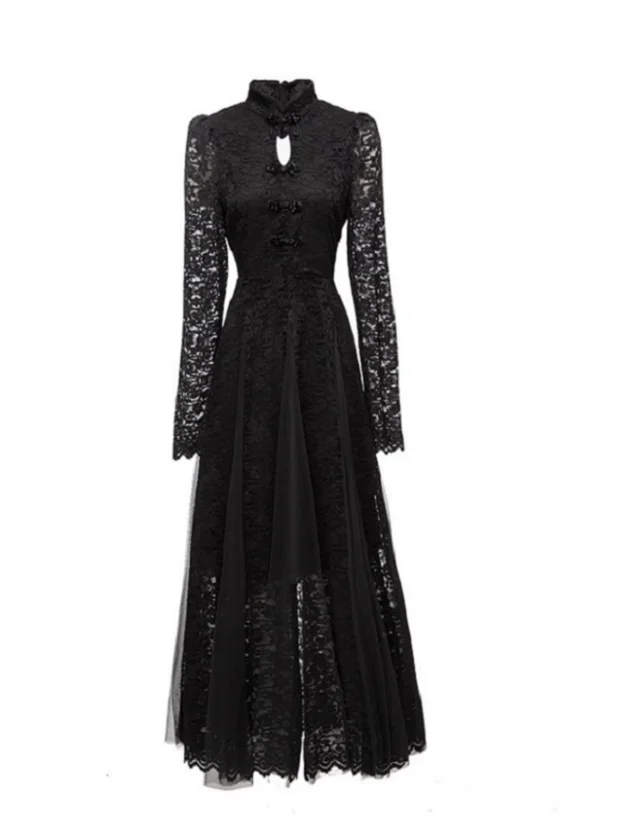 Wholesale Black Lace Long Dress 2024 Autumn Clothes Women Crochet Lace Embroidery Sexy Tulle Mesh Long Sleeve Evening Dress XL