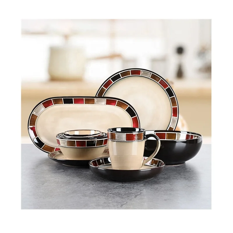 Casa Wholesale European Luxury Fine Ceramic Rustic Tableware 16 Pcs Table Ware Dinnerware set