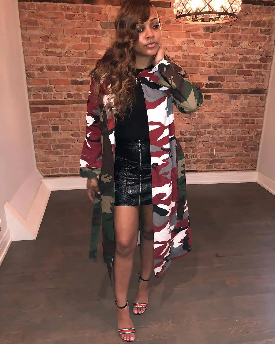 Wholesale Ladies Outdoor Wear Turn Down Collar Belt Camo Patchwork Trench Coat Women Long Windbreaker Jacket