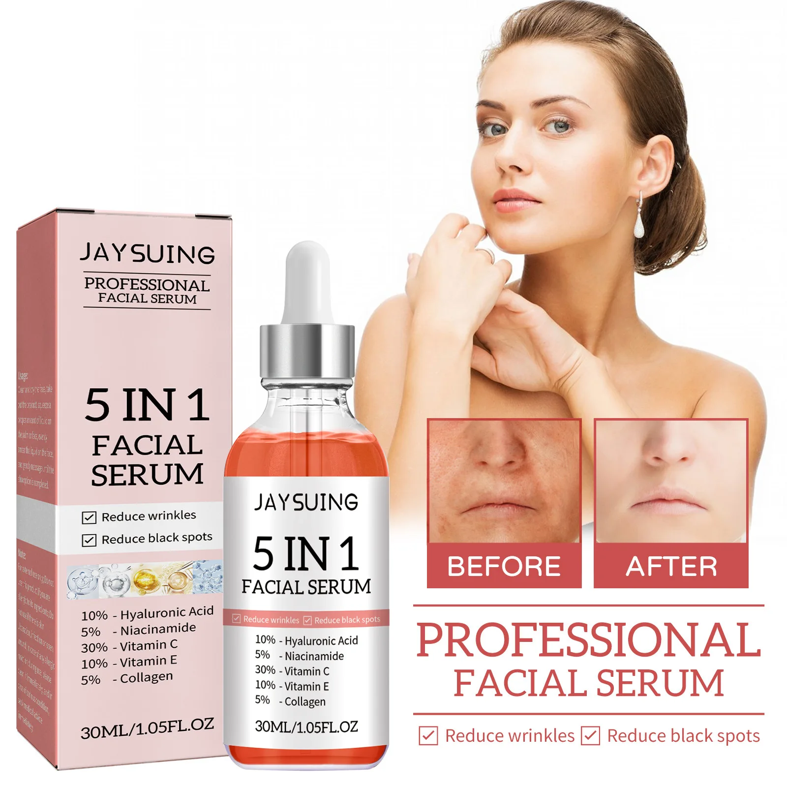 Hot Sale Woman Skin Care Serum Facial 5 in 1 Whitening Anti Aging Wrinkle Face Serum with 30% Vitamin C 5% Niacinamide 10% Anti