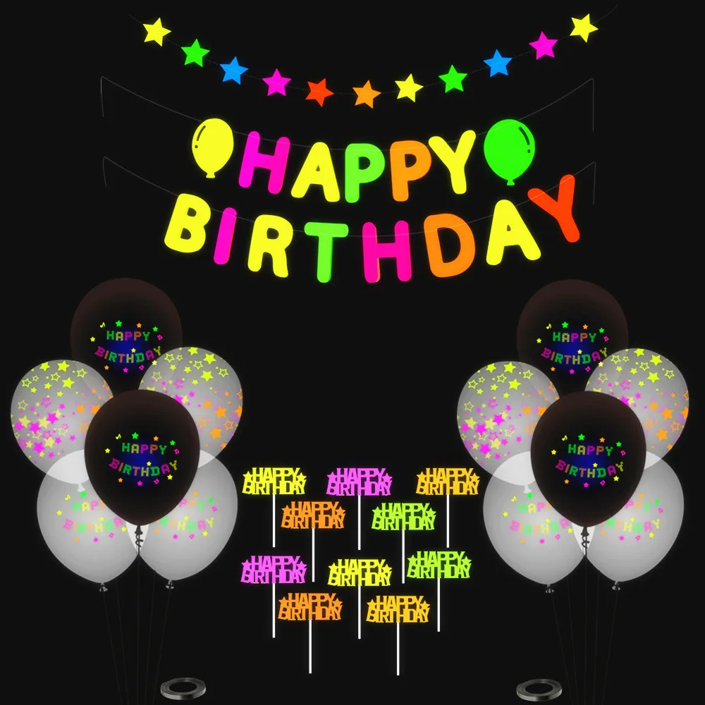 Happy Birthday Neon Glow Balloons Banner Star Garland Cake Topper Set for Neon Birthday Glow Theme Party Decoration KK207