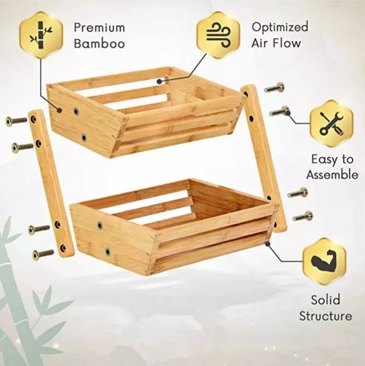Nature Bamboo Fruit Basket  2 Tier Fruit and Vegetable Storage Stand for Kitchen Countertop Solid Design and Breathable