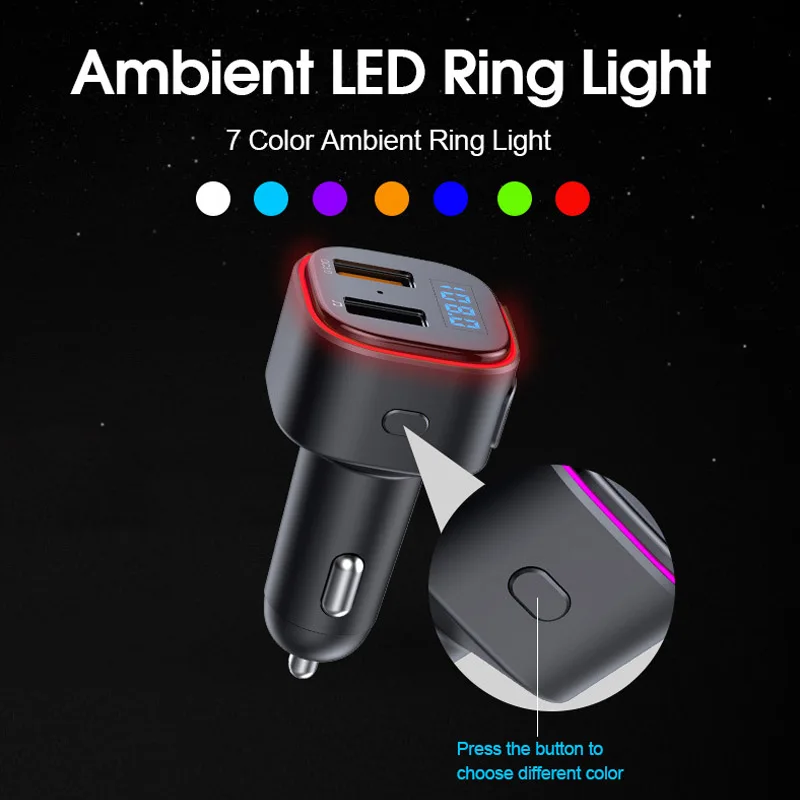Dual USB Qc3.0 Quick Charge With Ambient Ring Light Handsfree BTCar Kit Fm Radio Transmitter Car Mp3 Player