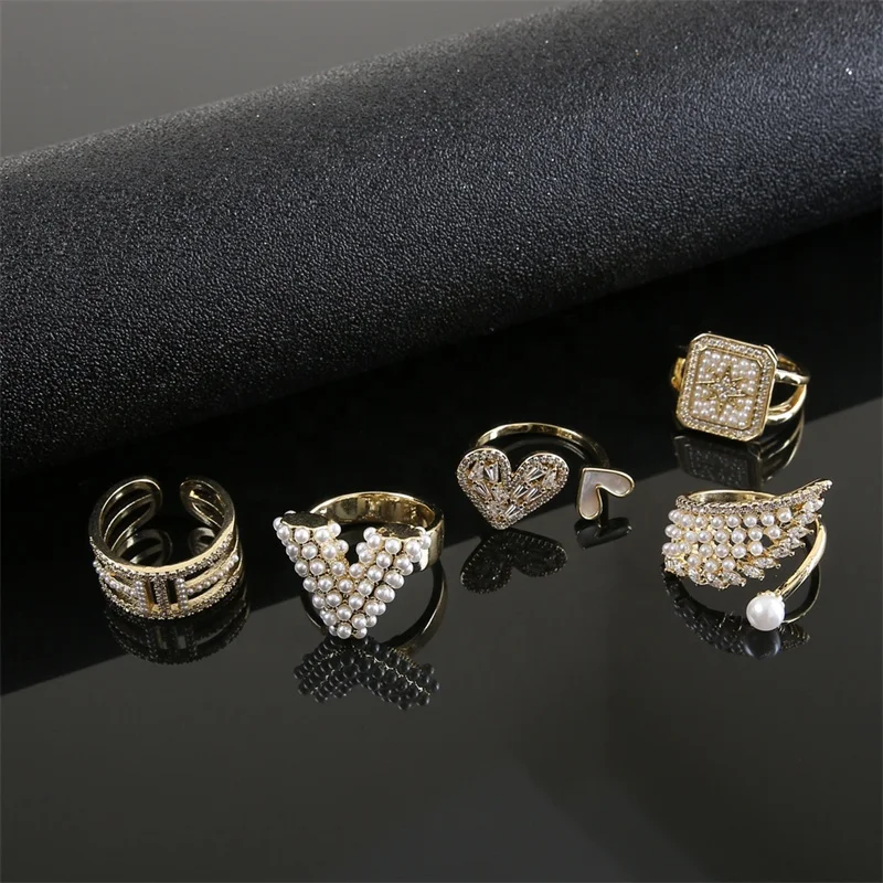 Index Finger Ring Gold Plated Copper Ivory Pearl Inlayed Stones Adjustable Promise Rings For Women Fashion Jewelry