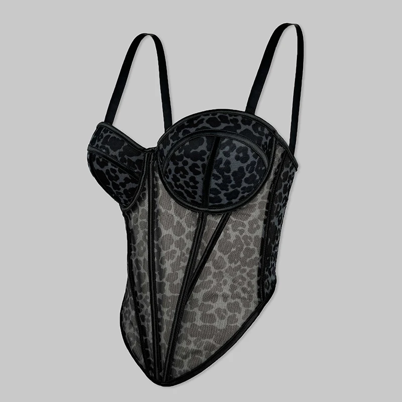 Leopard Print Fabric Corset Top Overbust Fishbone Slimming Corset Mesh See-through Corset Removable Strap