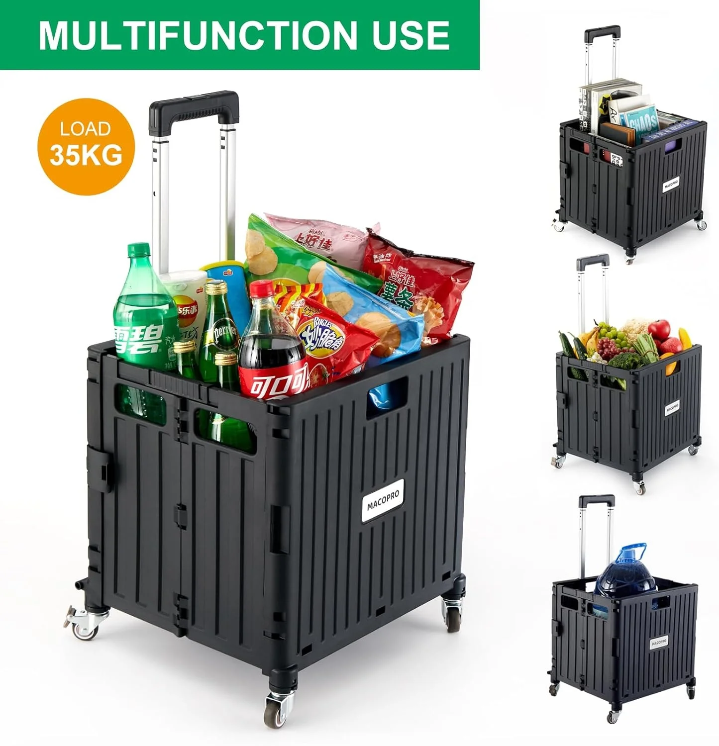 Folding Utility Cart Portable Rolling Crate Handcart Shopping Trolley Collapsible Tool Box, with Lid, Basket on 4 Rotate Wheels