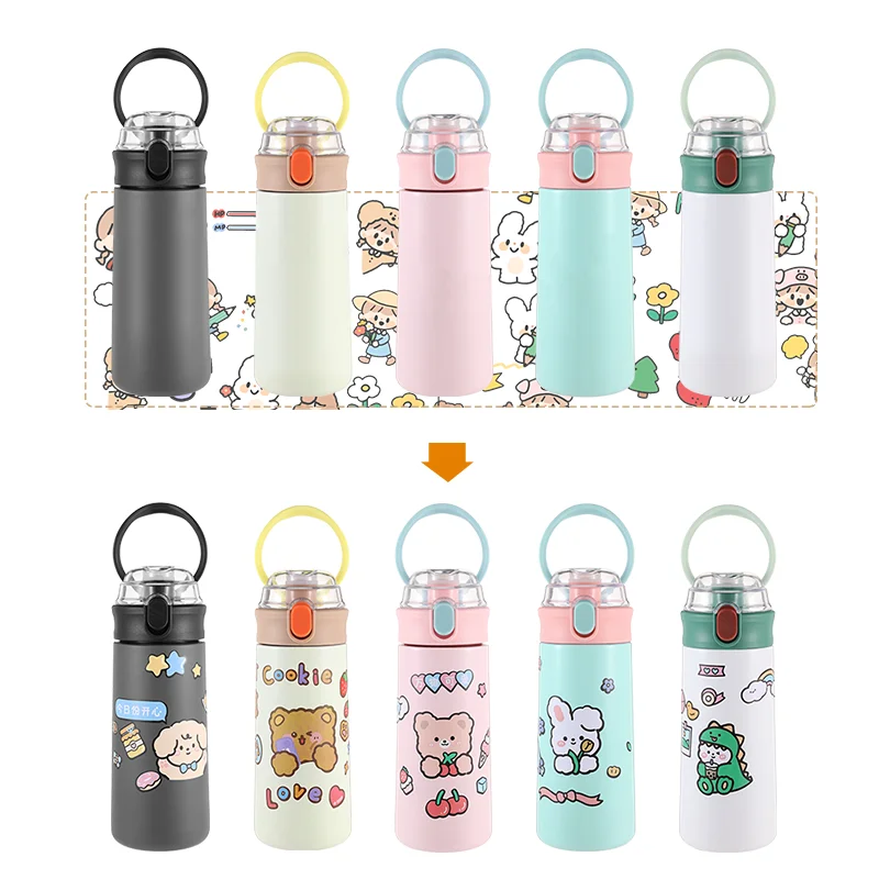 Kids Water Bottle Lovely Bear Insulated Water Bottle Stainless Steel with Straw Easy Open And Clean Leak Proof