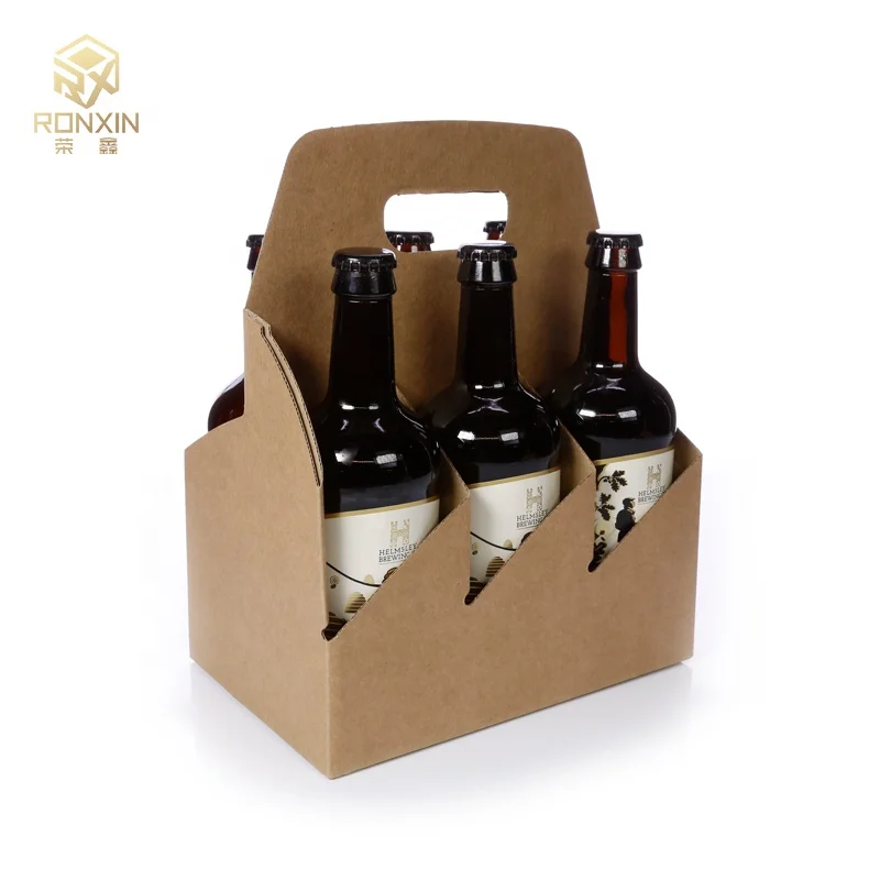 Custom Wine Kraft Corrugated Paper Packaging 6 Pack Beer Bottle Carrier Packaging Box With Handle For Wine Packaging Box