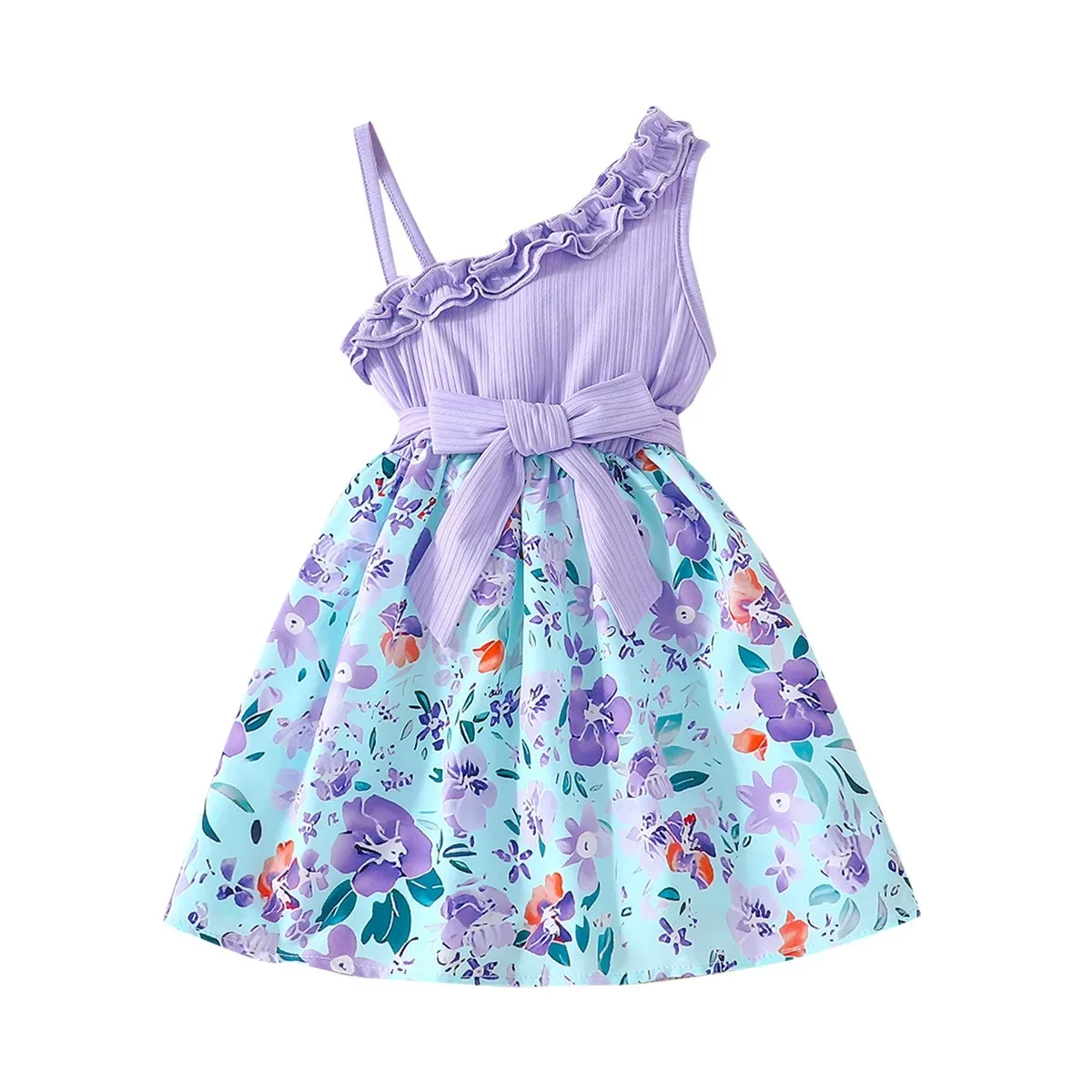 0-6Yrs Girls Toddler Summer Flower Print Dress Kids Cute Unique Asymmetry Suspenders Dress