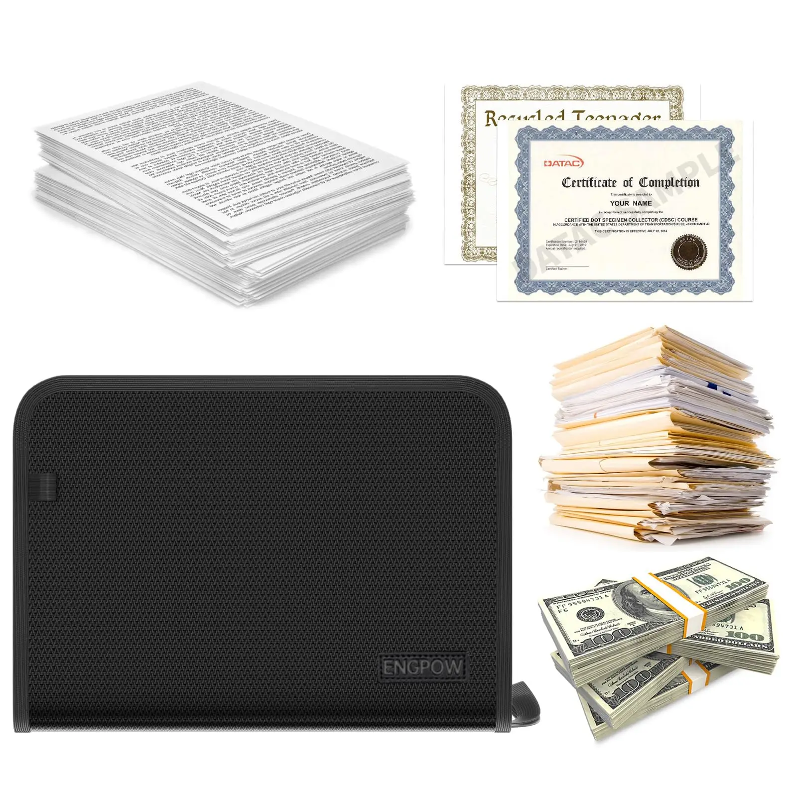 Large Capacity Hard Bag Waterproof and Fireproof Document Organizer Safe File Storage for Home Office Travel with Folder