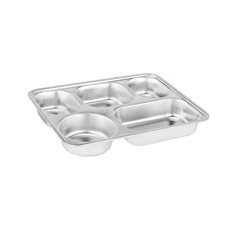Wholesale High Quality Stainless Steel 304 Food Grade Lunch Plates School Canteen Serving Plate 5 Compartment Dinner Plates
