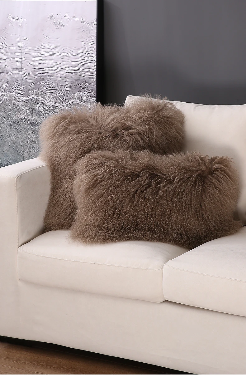 High Quality Customize Size  Real Long Curly Mongolian Lamb Fur Cushion Pillow Cover 45 CM 50 CM