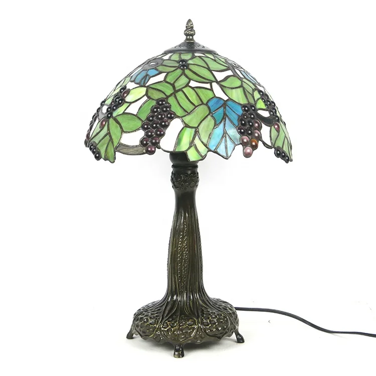 LongHuiJing 12Inch Grape Pattern Stained Glass Lampshade Desk Light European Handcrafted Glass Lamps With Zinc Alloy Base