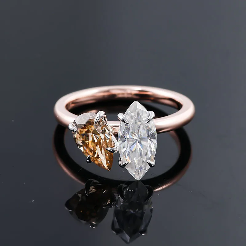 Toi et moi ring claw prong setting white and champagne loose moissanite diamonds ring in 14k 18k