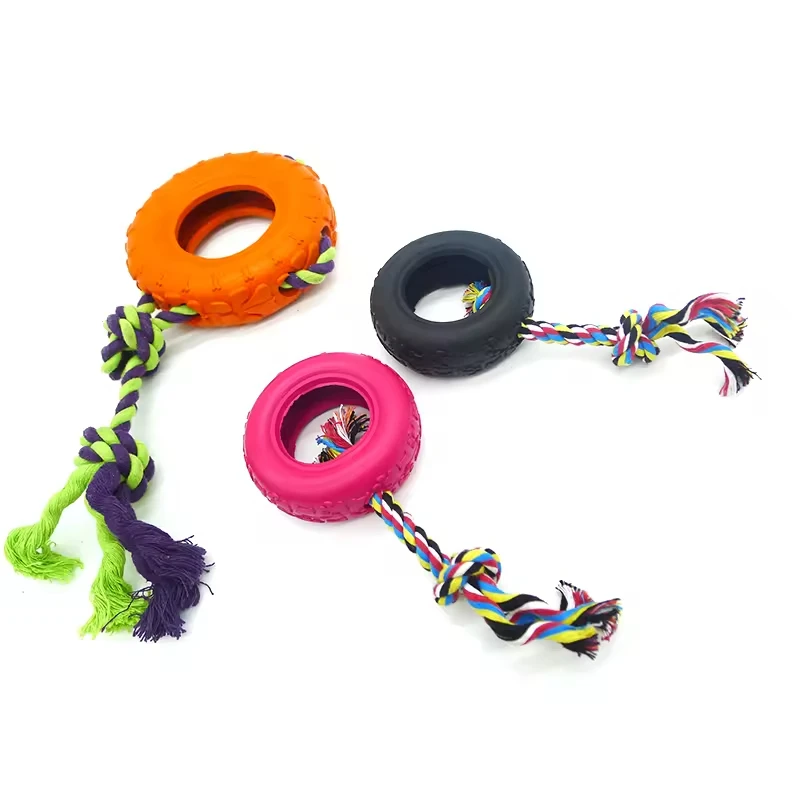 Custom Interactive Rubber Dog Toy Durable Pet Chewing Toy Rubber Dog Tire Toy With Rope