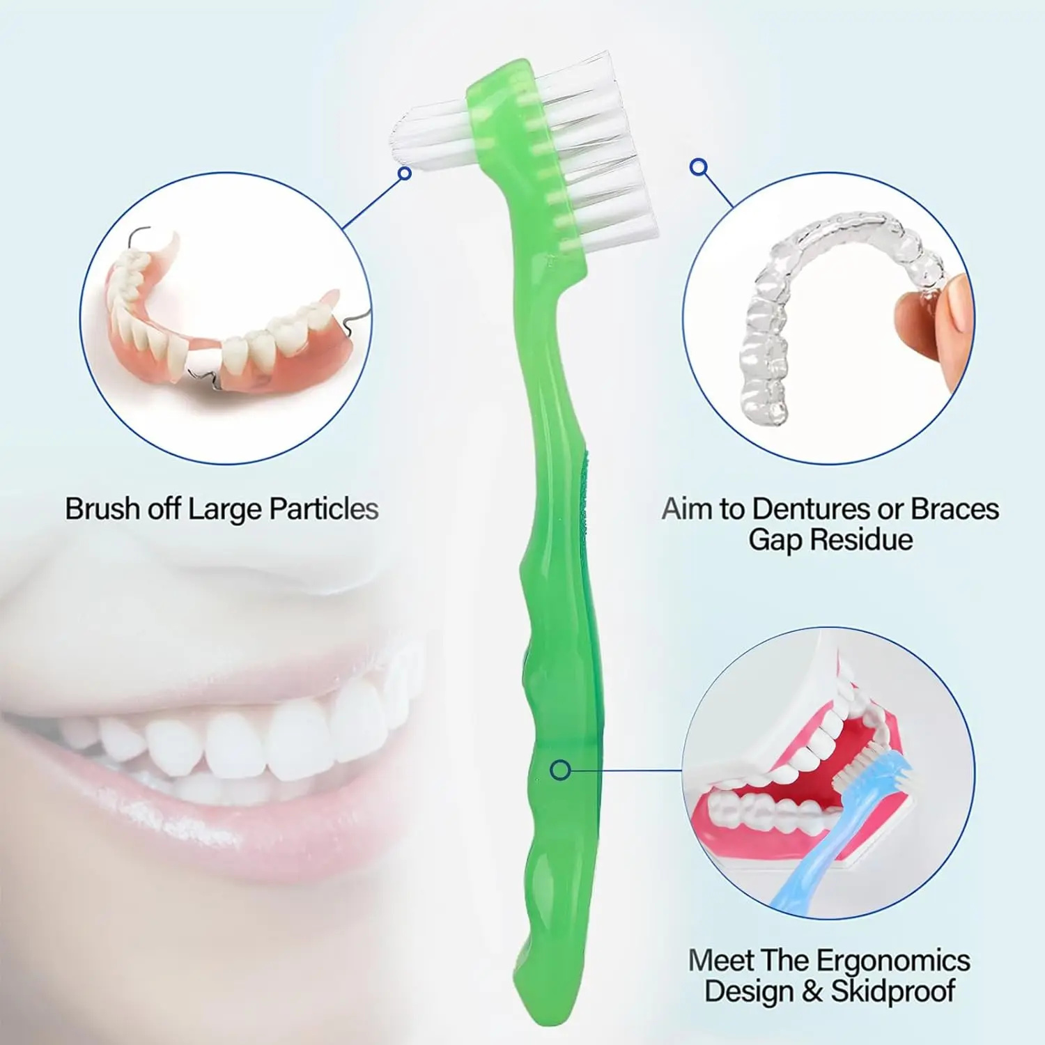 Denture Brush Small Toothbrush for Dentures Multi-Layered Bristles Ergonomic Rubber Handle for False Teeth Cleaning