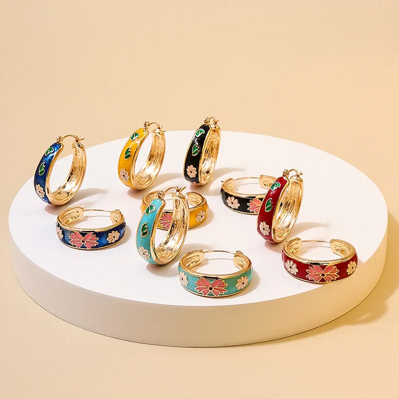 KinLing OEM Pendientes Vintage Fashion Jewelry Flower Hoop Delicate Enamel Earrings For Women