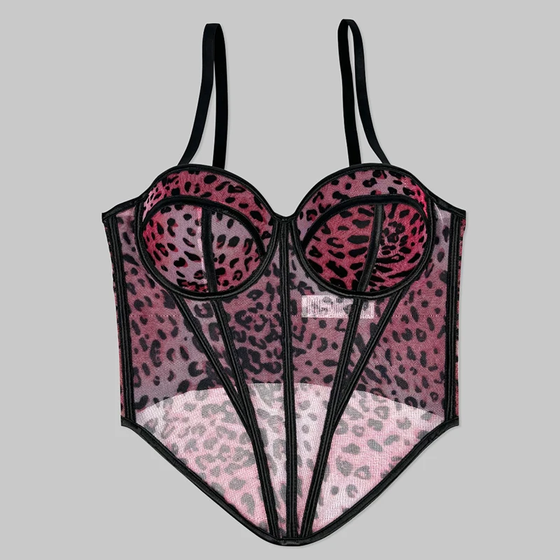 Leopard Print Fabric Corset Top Overbust Fishbone Slimming Corset Mesh See-through Corset Removable Strap