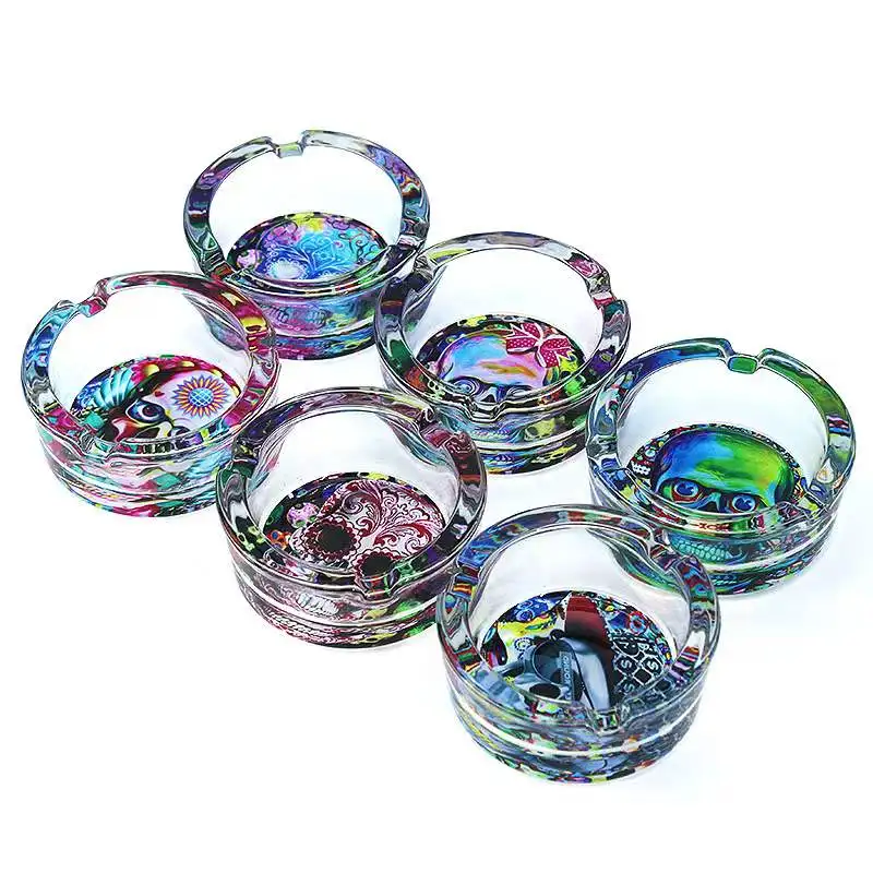 2024 Wholesale Glass Round Ashtray Household Office Cartoon Pattern Glass Ashtray Customized Logo Cigar Ashtrays