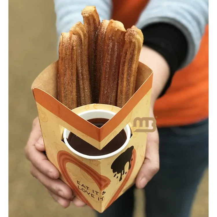 Custom Food Take Away French Fries Paper Box Disposable Paper Churros Box With Dip Sauce Holes Cones Packaging Box For Churros