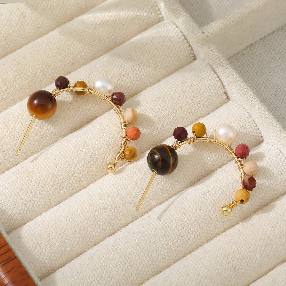 tiger eye stone copper wire winding handmade freshwater pearl tarnish free stud earrings women