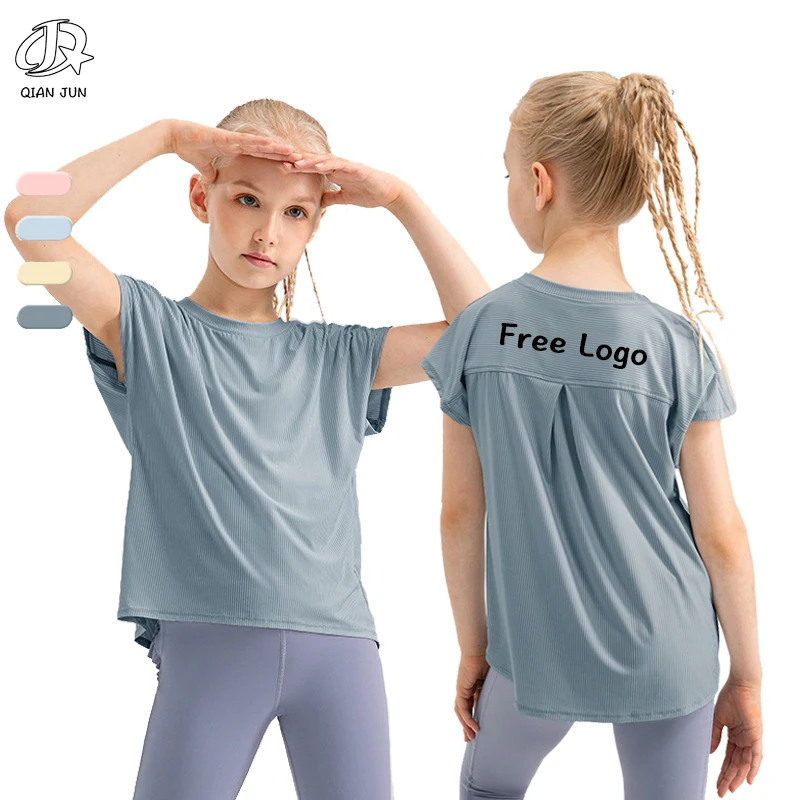 New Design Loose Sports Short Sleeved Kids Outdoor Fitness Quick Drying T-shirt Striped Running Yoga Clothes Girls