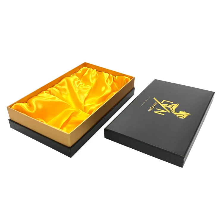 Wholesale Custom Cardboard Paper Box Two Pieces Style Glossy Wig Hair Extension Box with  Golden Satin Fabric Inside