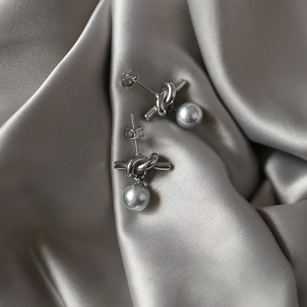 Stainless Steel Knot Pearl Earrings Summer Beach Jewelry 18K PVD Gold Plated White Gray Pearls Drop Dangle Earring Wholesaler