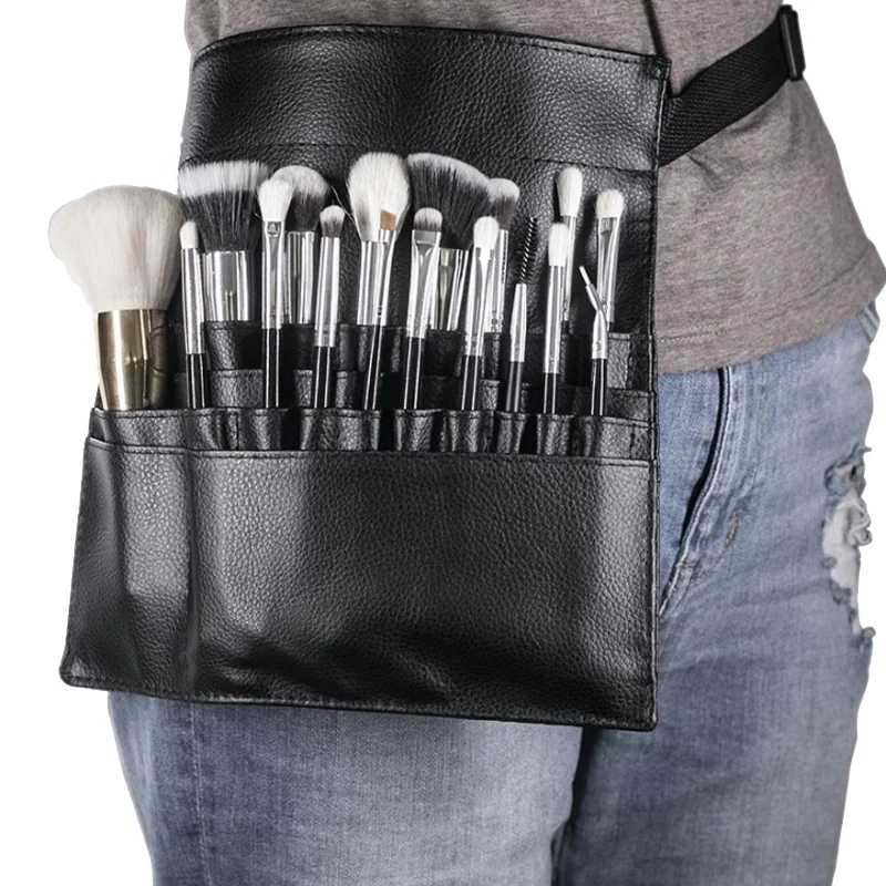 Professional Portable Brushes Organizer with Artist Belt Black PU Leather Makeup Cosmetic Brush Holder Bag