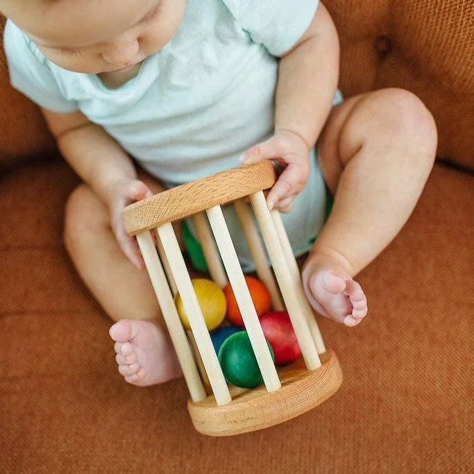 Wooden Rattle Rolling Toy Montessori Ball Cylinder Infant Toy Montessori Ball Cylinder Rolling Drum