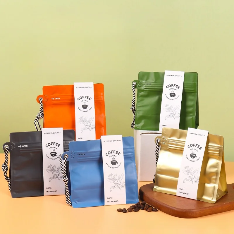 Custom Packaging Colored Valve Coffee Beans Resealable Bag 500G 250G 200G 100G Flat Bottom Zipper Stand Up Pouch With Lanyard