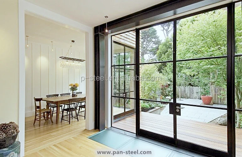 Galvanized steel tube clear tempered glass double glazed single swing door double french doors with grill design