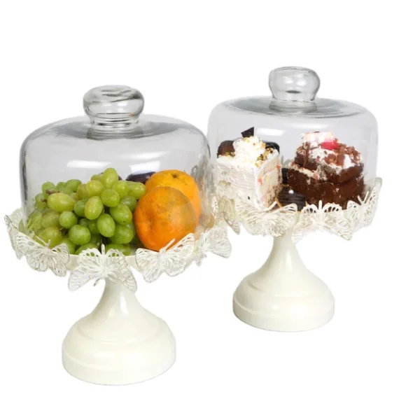 Butterfly White Metal Cake Stand With Dome