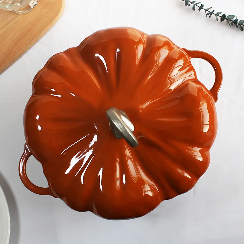 Wholesale Multi-function Cast Iron Casserole Pot orange Enamel Dutch oven 25cm Pumpkin Shape Stew Soup Pot With Lid