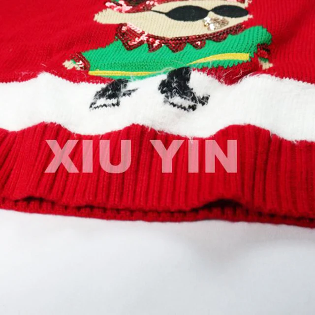 Red ugly Christmas sweater embroidered  sequin  Elf  jacquard cardigan Winter thick couples  sweater