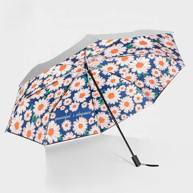 Daisy pattern ladies 3 fold double layer umbrella with anti-uv fabric