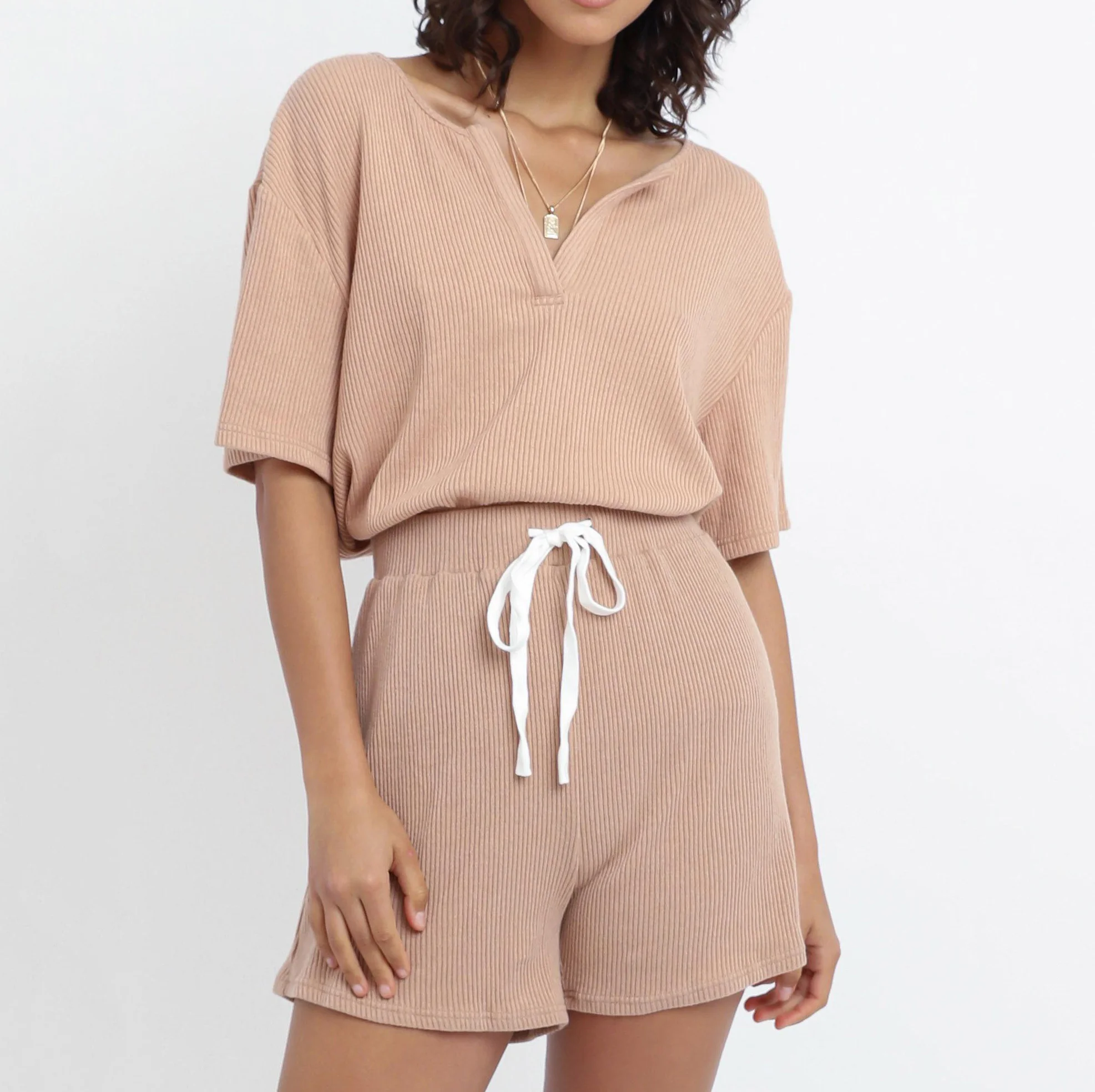 
2021 spring women fashion casual short sleeve lounge wear sets pajamas women knit ribbed short pants lounge wear loungewear 