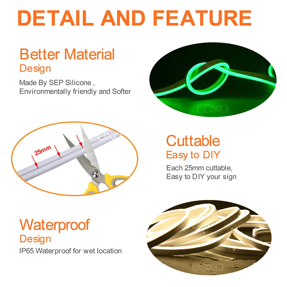 COXO ce rohs neon lamp led light 6500k ip65 Green Pink Yellow custom flex 12v neon light