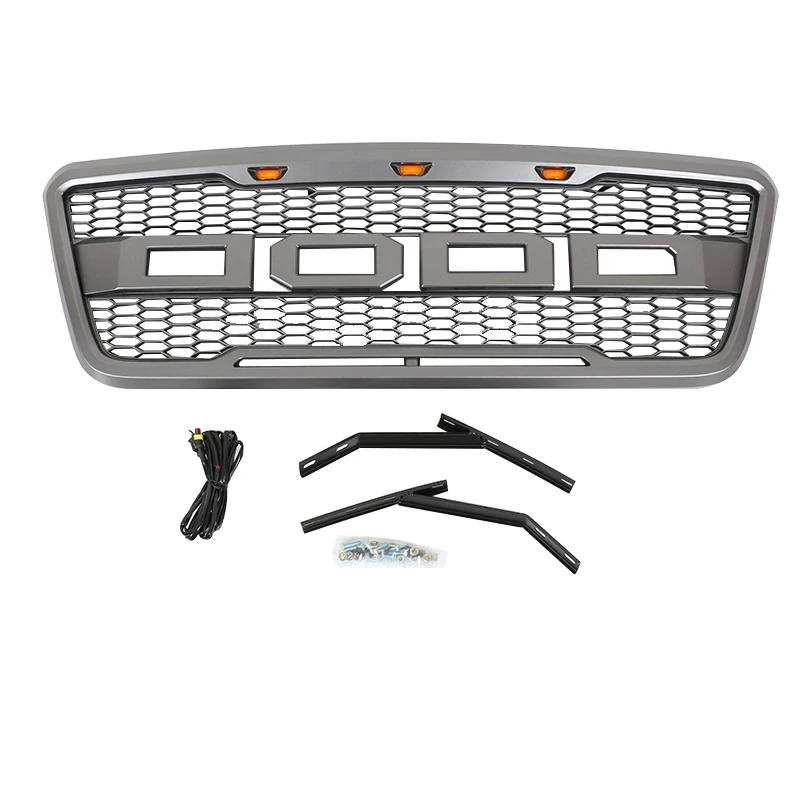 Matte Black Front Hood Mesh Grille+Amber 3x LED Fit For Ford F150 2004-2008