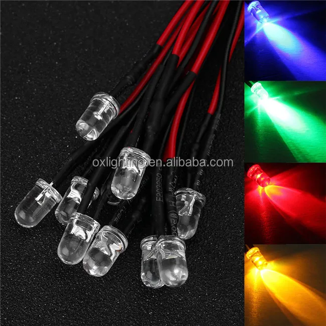 3mm 5mm 10mm Round  Red Blue Green Yellow White Warm White Multicolour Pre Wired LED Emitting Diode Light Bulb Beads With cable