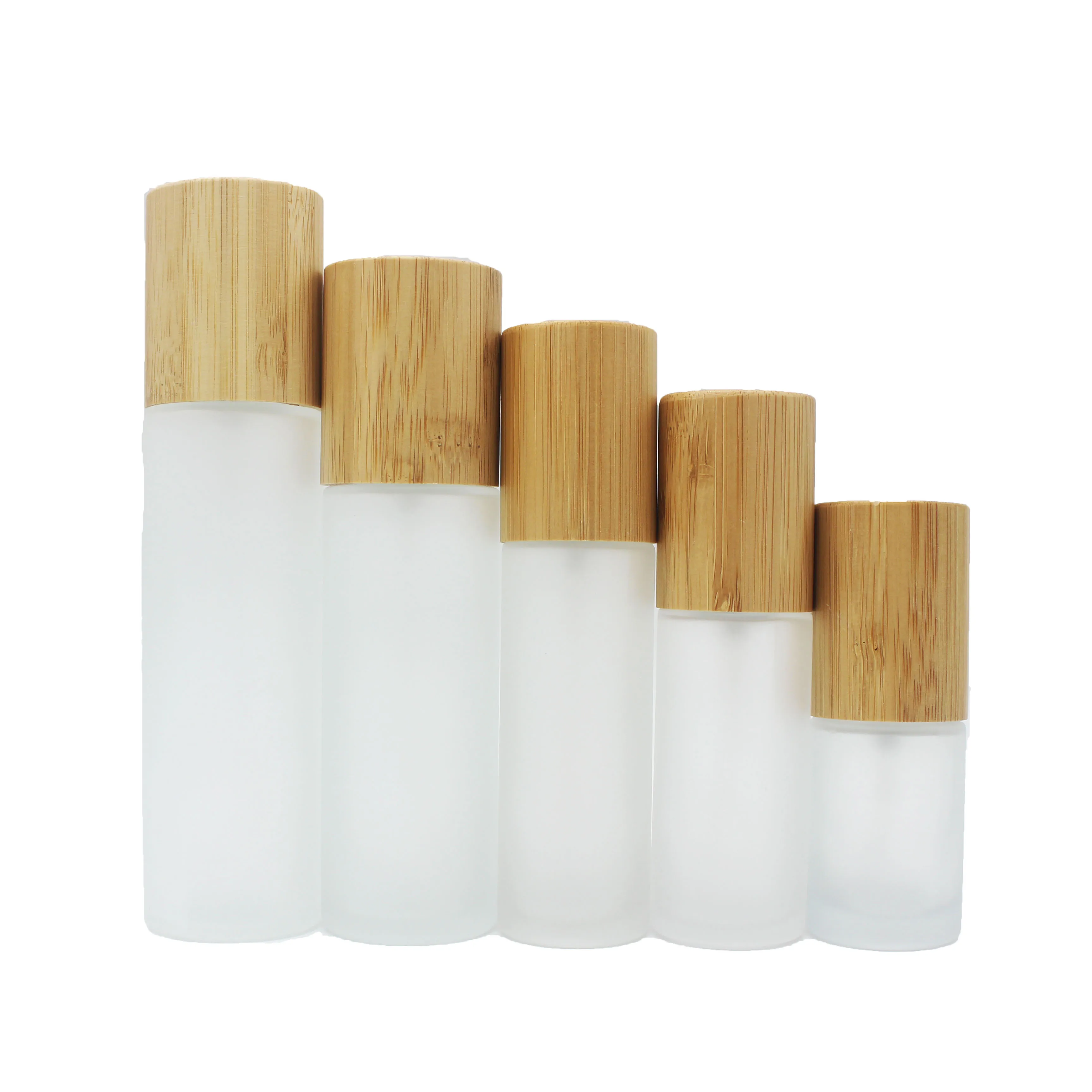 frosted glass cream bottle 30ml 50ml 100ml 120ml flat shoulder lotion serum bottle with bamboo pump lid BFB-011Z
