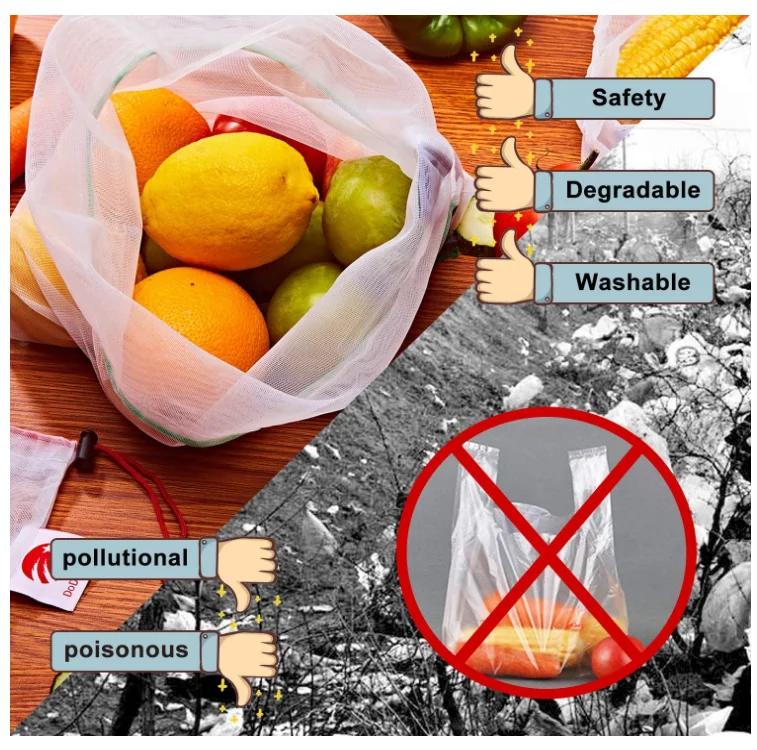 
ECO-Friendly Safe Mesh Bags sets For Fruit, Veggies, Shopping Mesh Storage Bag With Drawstring Reusable Mesh Produce Bags 