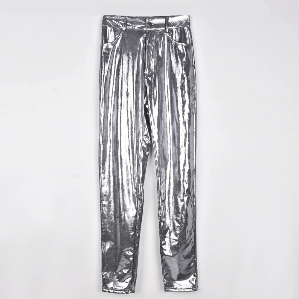 Trendy High Quality Matte Leather High Waist Stretch Tight Skinny Shaping Gold silver Faux Leather Leggings Pants For Women