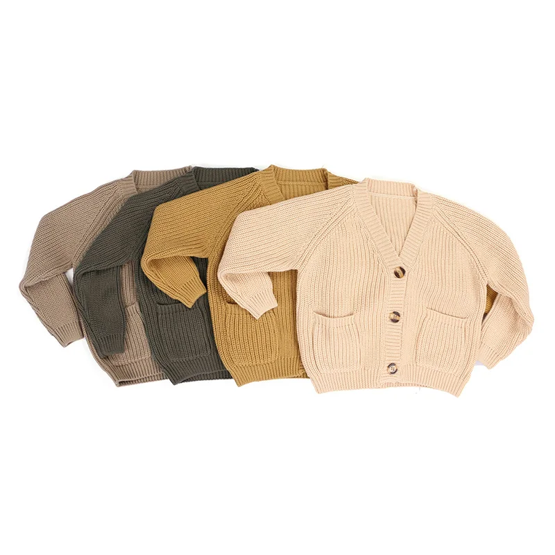 Muti solid color spring autumn hot sales girls sweater with buttons and pocket kids Chunky Knit Cardigan girls sweater