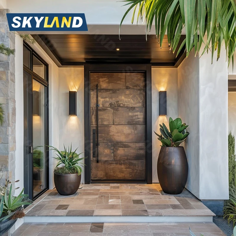 Skyland Modern Exterior Main Gate Door Solid Wood Entry Security with Steel & Stainless Steel for Main Entrance